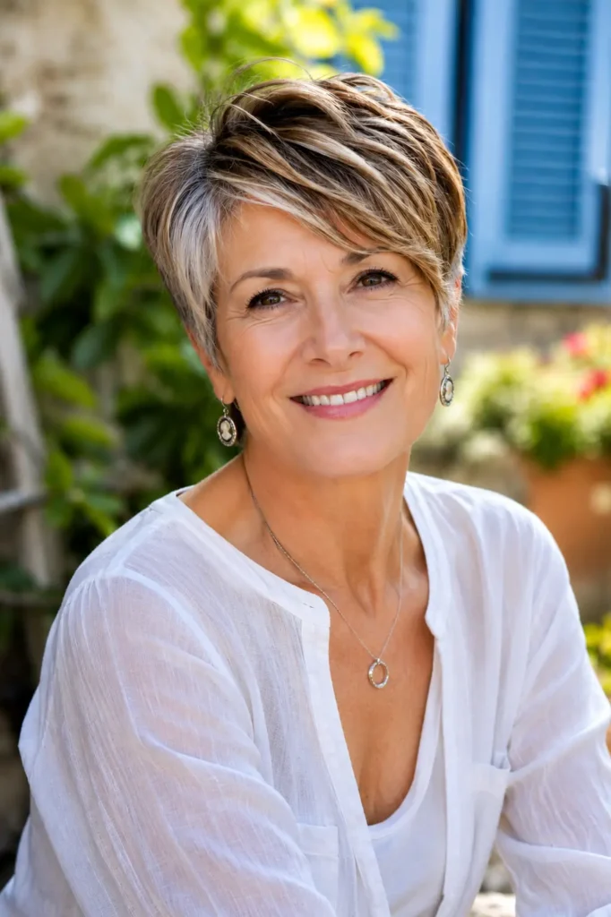 A high-quality lifestyle portrait of a smiling woman in her early 60s with a layered pixie haircut swept elegantly to the side, featuring warm honey-brown and silver tones. She is seated outdoors on a sunny day, wearing a light white blouse and silver jewelry