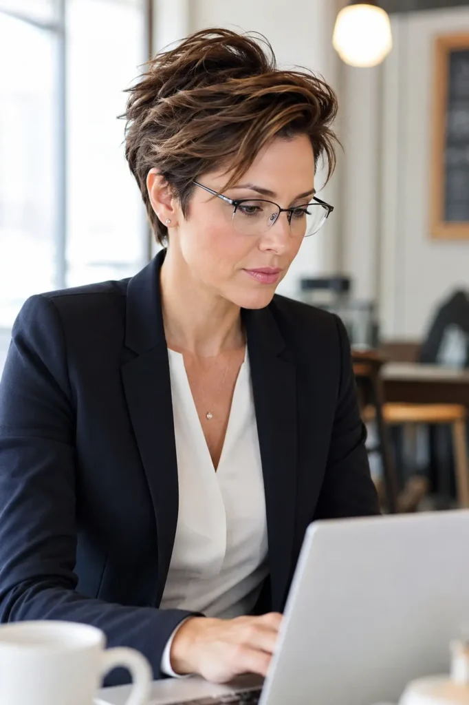 A woman in her mid-30s with a chestnut brown pixie haircut and long swept-back layers works on a laptop in a bright modern café or office setting