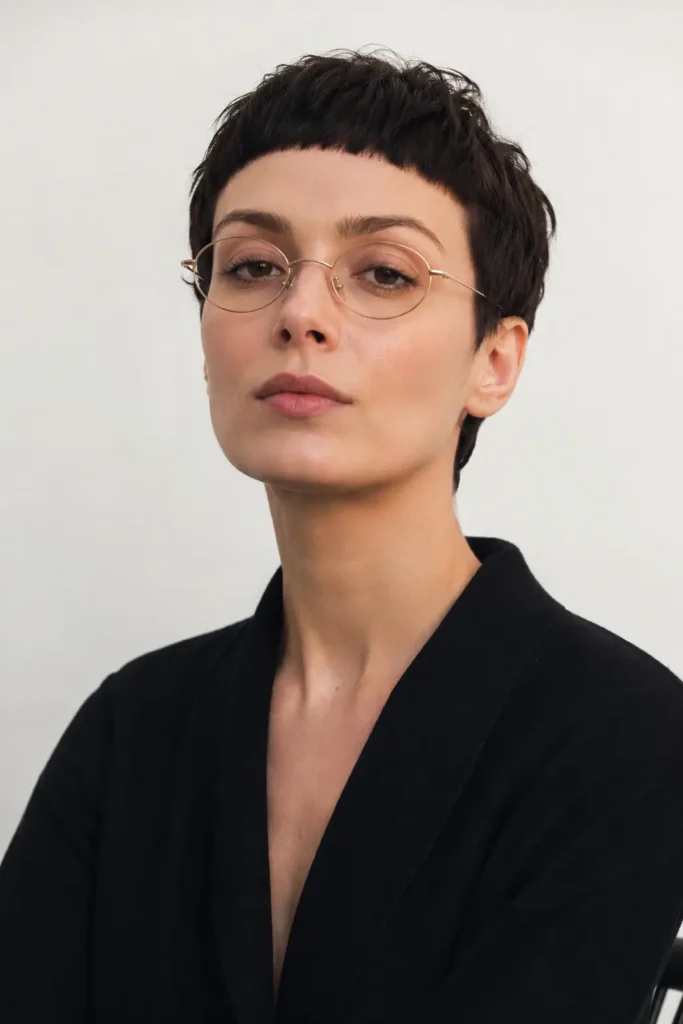 A fashion editorial-style portrait of a woman in her early 30s with deep brunette hair in a sleek pixie cut and blunt micro bangs. She wears thin vintage wireframe glasses and a minimalist black outfit against a clean white background, looking directly at the camera with a cool, composed expression.