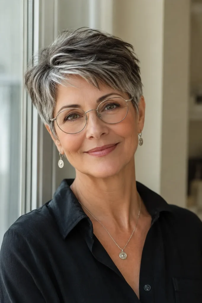 A stylish woman in her 50s with a natural gray-blending pixie cut and a mix of dark brown and silver-gray hair smiles warmly at the camera. She wears elegant oval silver-frame glasses, subtle jewelry, and a simple dark blouse.