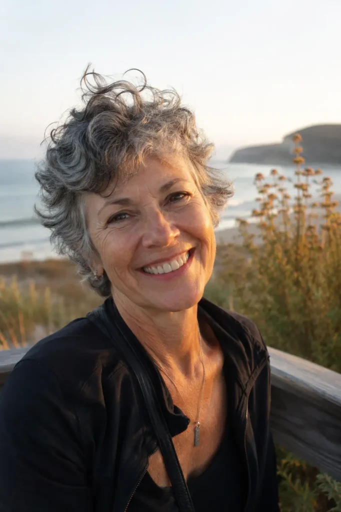 A smiling woman in her late 50s with a natural wavy pixie cut and salt-and-pepper hair sitting outdoors near the coast during golden hour, with soft breeze-blown texture, warm sunlight, and a relaxed casual lifestyle look.