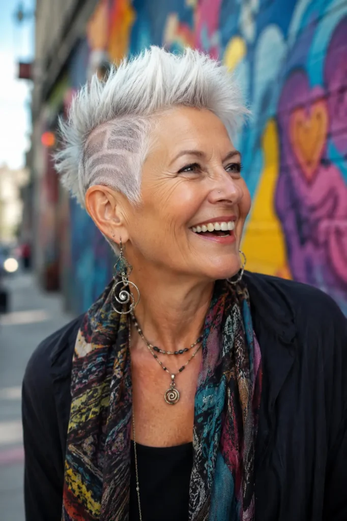 Joyful woman in her early 60s with a bold silver artistic pixie cut featuring subtle shaved side designs, smiling brightly in front of a colorful street art mural, wearing expressive accessories in a vibrant urban community setting.