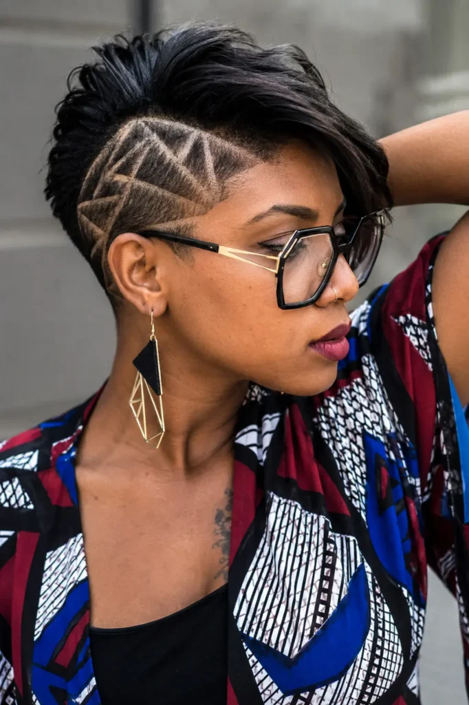 Close-up side-profile portrait of a woman in her late 20s with a pixie cut featuring intricate geometric shaved designs on the sides and longer black hair swept across the top. She wears oversized angular geometric glasses, abstract dangling earrings