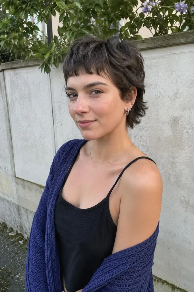 Young woman with a textured pixie haircut and short baby bangs standing outdoors in natural daylight. Her dark layered hair has soft movement and realistic shine, framing her face with a casual artistic style.