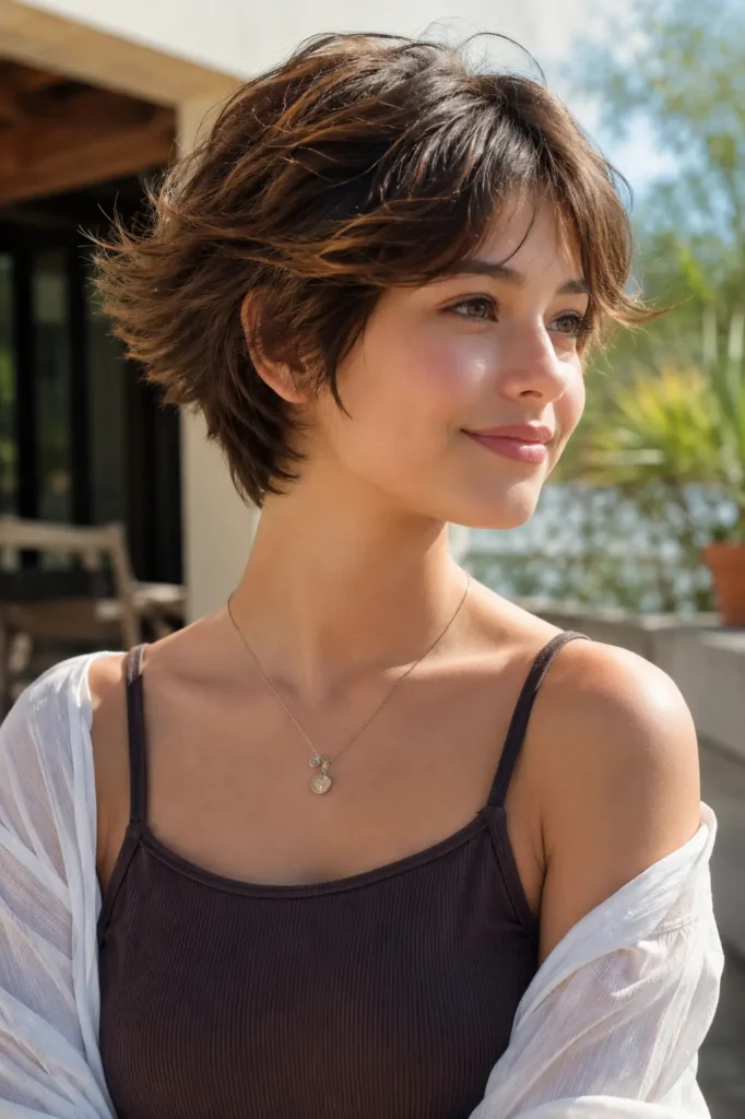 a young woman with a pixie haircut featuring flipped-out feathered ends and soft caramel highlights. Her short hair has playful texture, natural volume
