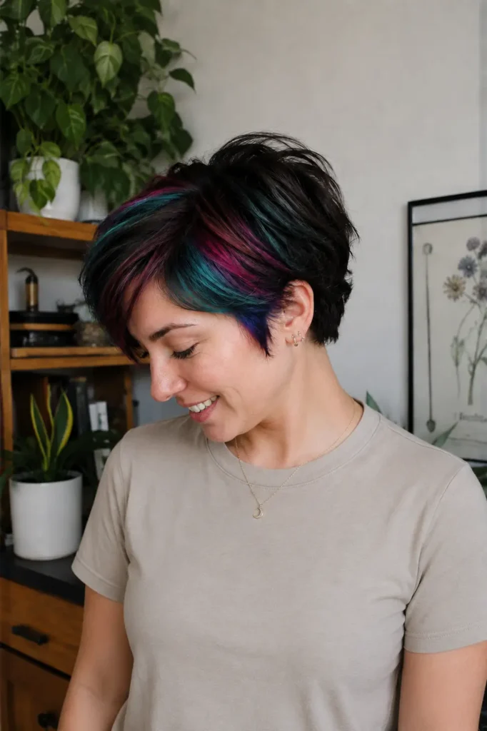 A real young woman with a textured pixie haircut featuring hidden teal and magenta peekaboo color panels, styled with layered movement and realistic shine.