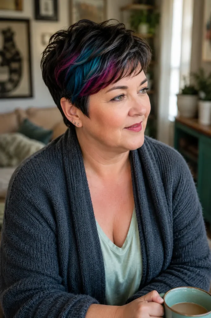 a woman over 40 with a textured pixie haircut featuring hidden teal and magenta peekaboo color panels. She wears relaxed modern clothing in a cozy indoor setting with soft natural daylight
