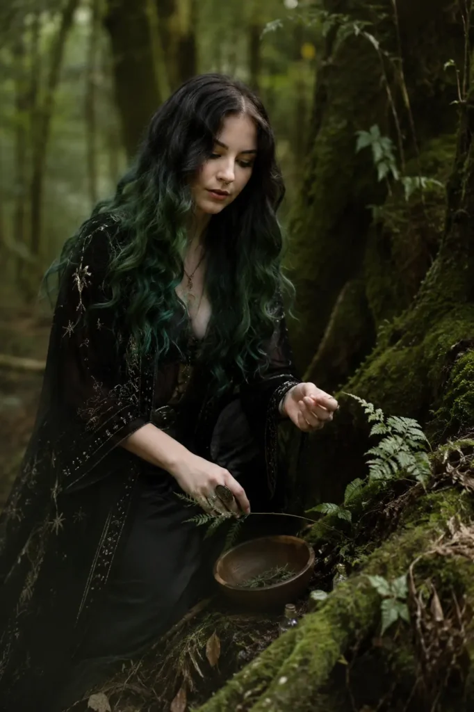 young woman with dark green ombre wavy hair in a mystical forest setting, wearing earthy black woodland witch clothing with celestial embroidery. She kneels beside moss-covered tree roots while arranging herbs in a wooden bowl,