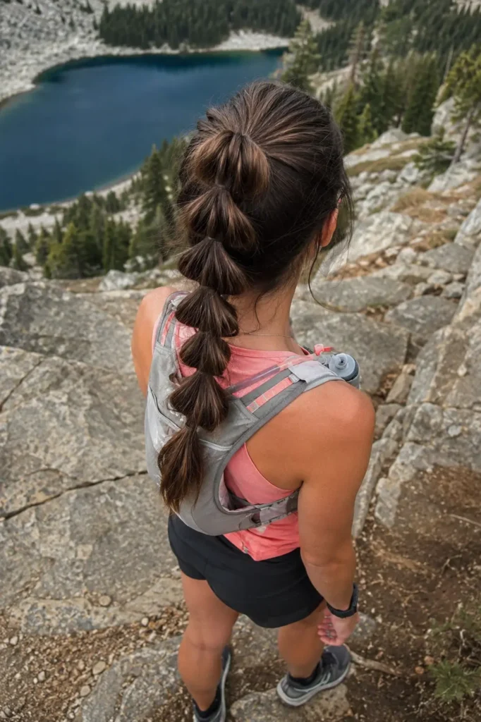 young woman with brunette hair styled in a pull-through braid ponytail stands on a rocky mountain trail overlooking a lake and forest