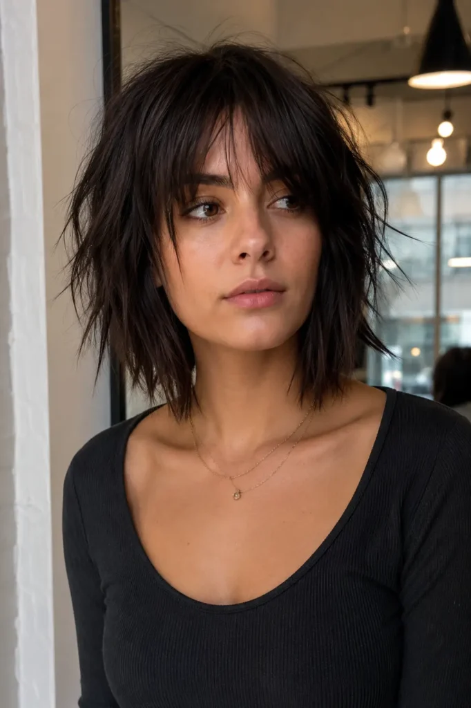 a young woman with a dark brunette razor-cut layered bob featuring choppy, textured ends and wispy bangs. She wears a black top and delicate necklace
