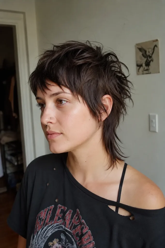 young woman with a razor-cut pixie mullet hairstyle featuring feathered layers and a longer textured back, styled with messy modern volume and natural shine