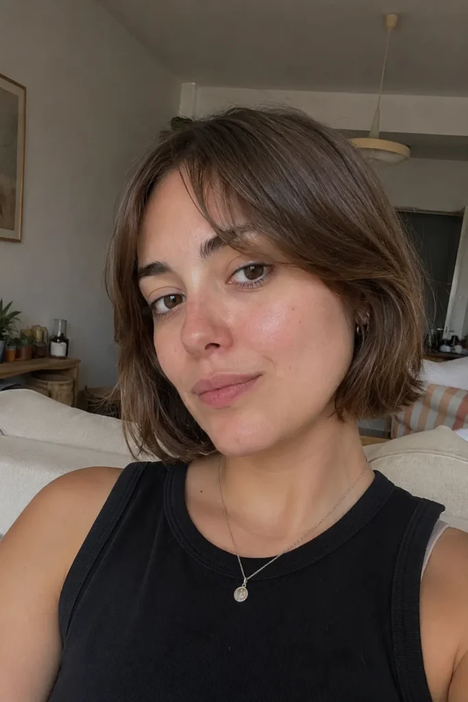 Close-up indoor portrait of a woman with a short razor-cut bob haircut and soft feathered ends, natural brown hair, wearing a black sleeveless top and a small pendant necklace