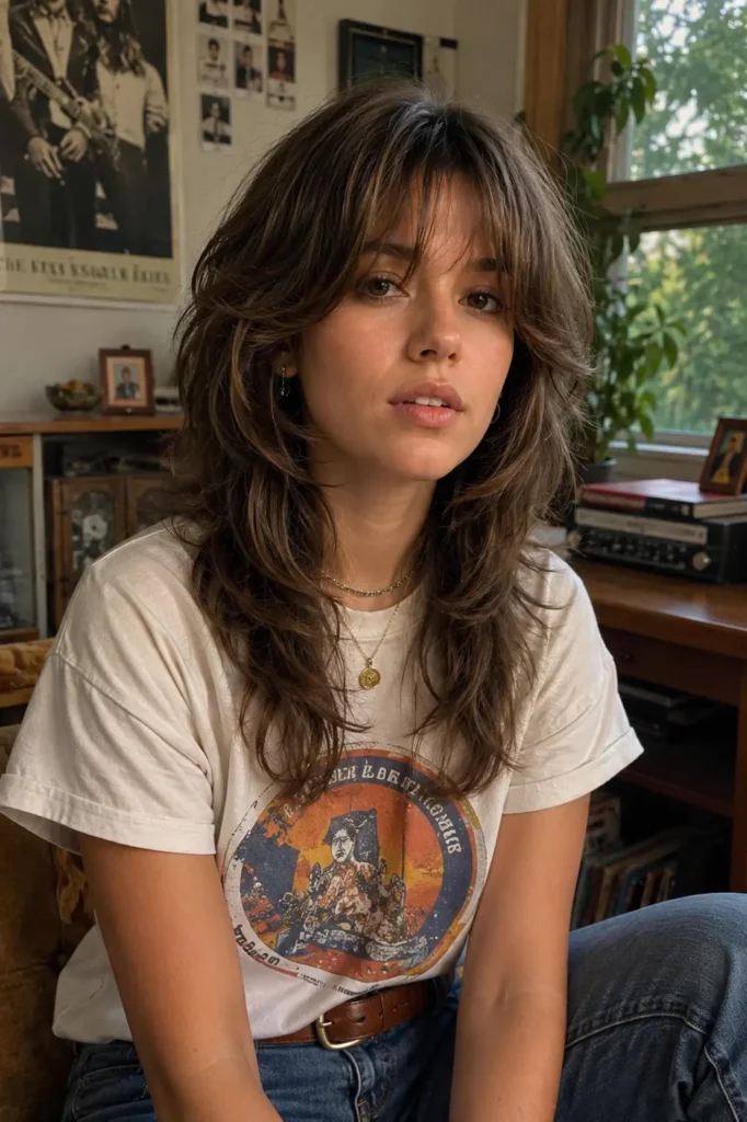 young woman with a retro 70s-inspired wolf cut hairstyle featuring feathered layers, soft curtain bangs, and voluminous blowout texture.