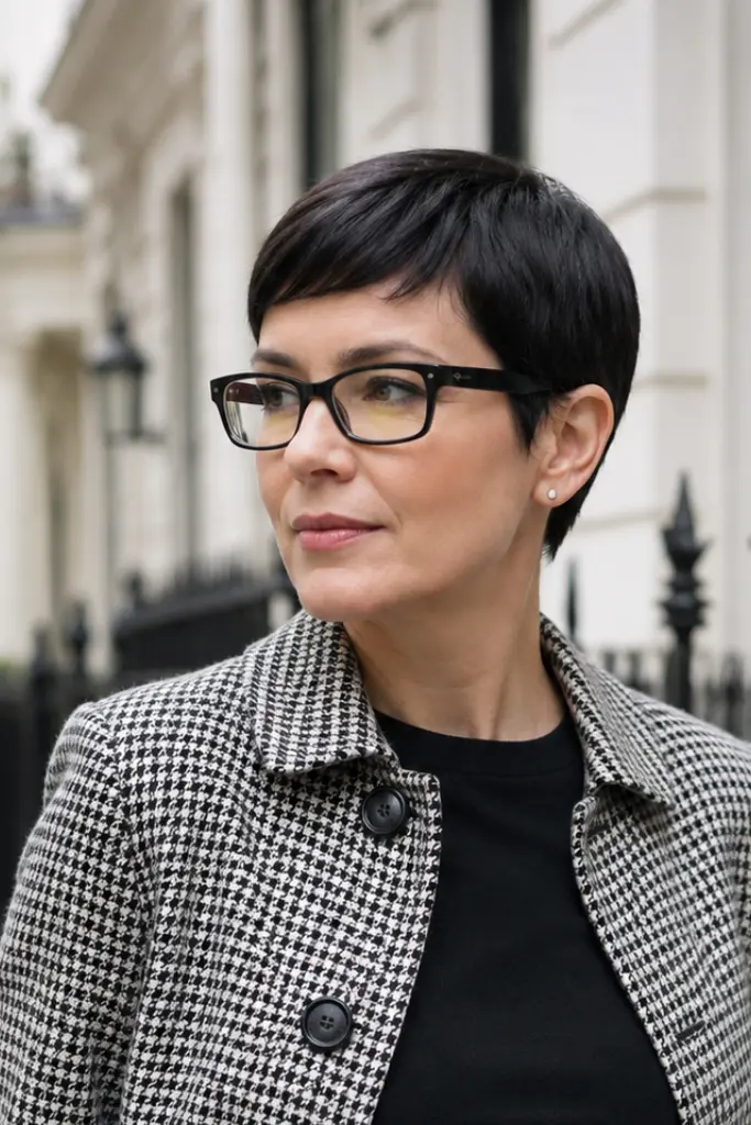 A stylish woman in her late 30s stands outdoors on a quiet city street, wearing a sleek 1960s-inspired dark pixie cut with a neat fringe and black rectangular vintage glasses. She is dressed in a chic retro-style outfit with a black top
