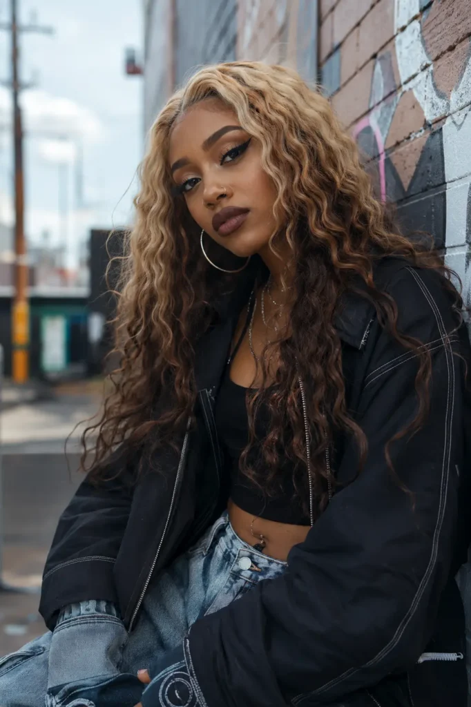 a creative woman in her mid-20s with cool-toned light brown skin, wearing a reverse ombré deep wave wig with blonde roots fading into dark brown ends. She has bold graphic eyeliner, hoop earrings, and an edgy streetwear outfit with an oversized black jacket and denim
