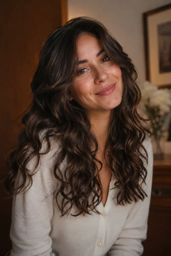 A young woman with thick wavy hair styled in romantic loose curls smiles softly in warm indoor lighting. She wears an elegant casual cream outfit with natural makeup