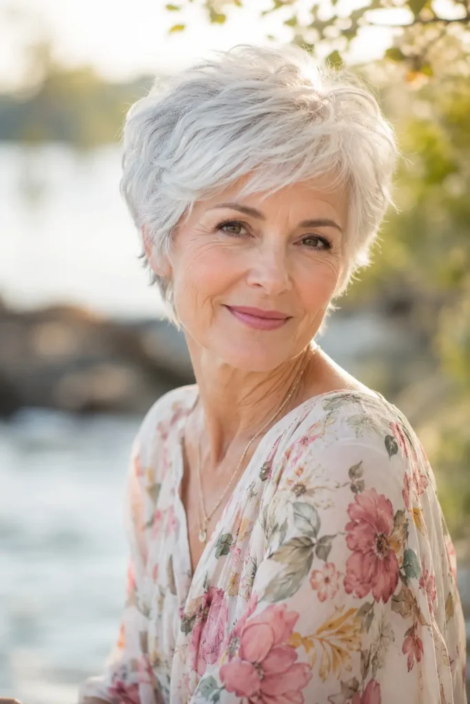 A serene woman in her early 60s with a soft romantic pixie cut and luminous silver-white hair smiles gently outdoors in dreamy natural light. She wears a delicate floral blouse, with wispy waves framing her face in an elegant