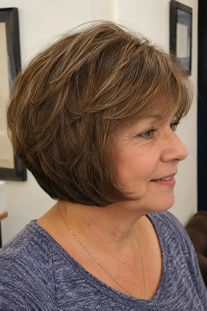 a woman around 50–60 years old with a rounded bob hairstyle featuring soft layers and full shape.