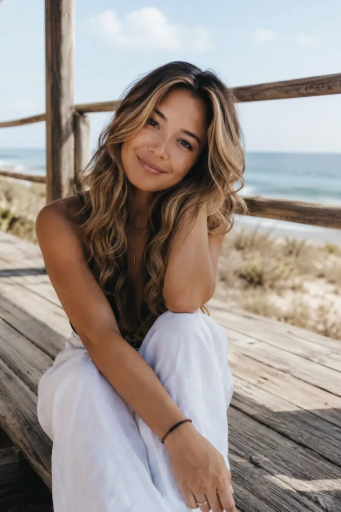 Woman in her early 30s with medium warm skin sitting on a beach boardwalk, wearing a sandy blonde and brown deep wave wig and white linen pant