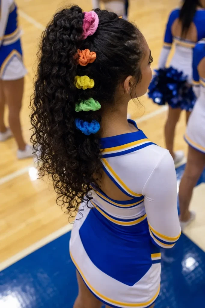 teenage cheerleader with long voluminous curly hair styled in a high ponytail secured with stacked colorful scrunchies, photographed from slightly above and behind to showcase the ponytail volume and scrunchie spacing