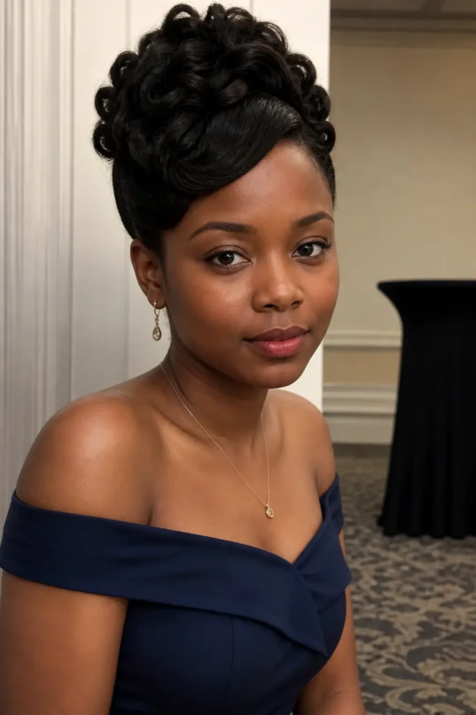  a young Black woman with a sculpted natural updo featuring elegant, structured curls. She is indoors in soft, warm lighting, wearing an off-the-shoulder navy dress and delicate jewelry