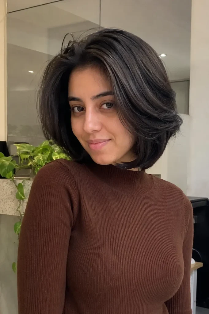 Portrait of a woman with a voluminous sculpted bob haircut styled in a soft blowout, wearing a brown ribbed top,