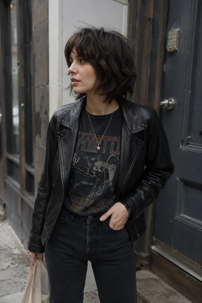 Young woman with a shaggy layered dark brown bob haircut, wearing a black leather jacket and vintage band T-shirt,