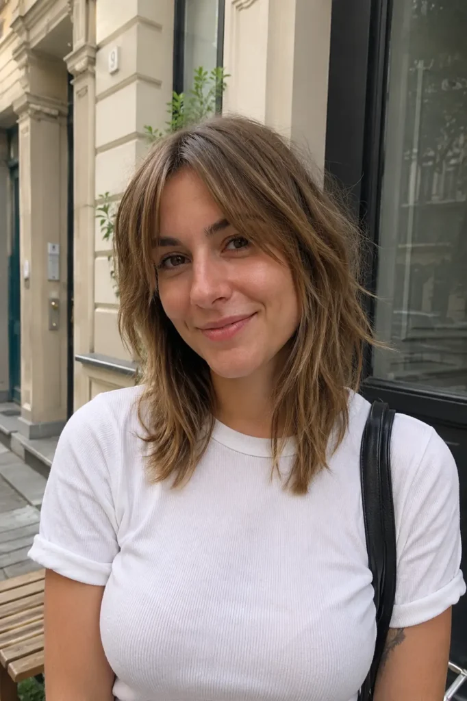 a young woman with shaggy, medium-length layered dark blonde hair, wearing a casual white top and carrying a black shoulder bag