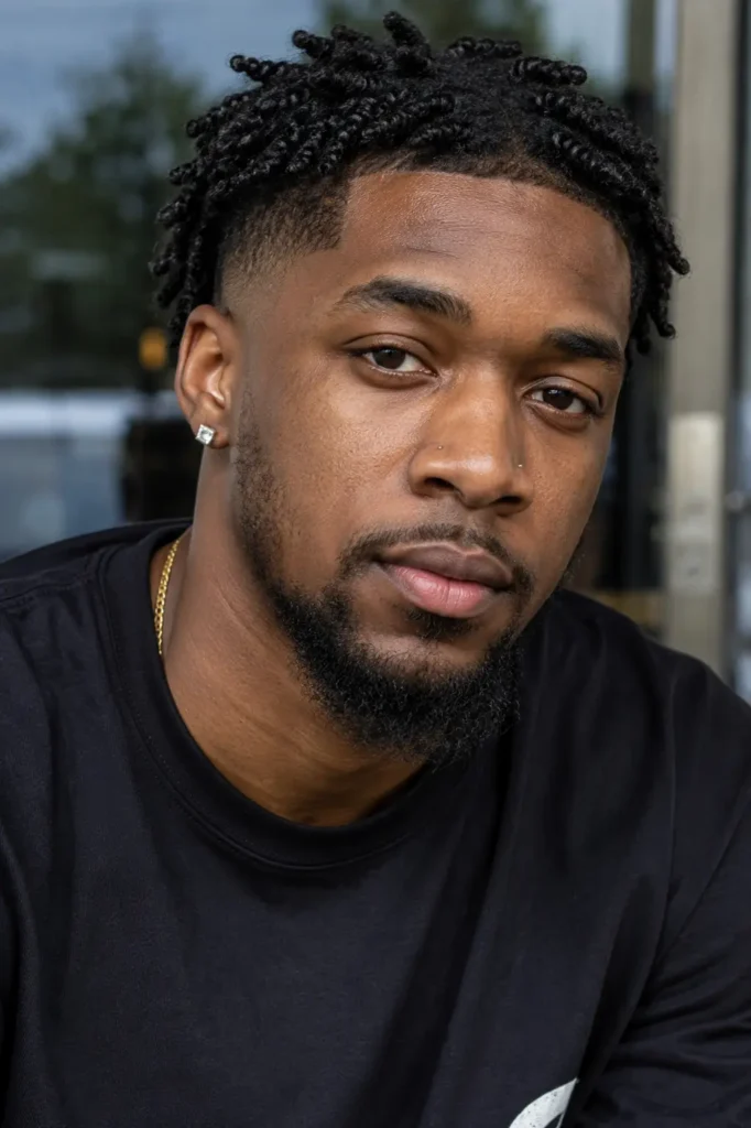 an African American man with short barrel twist locs and a clean fade haircut. He has natural skin texture, authentic facial features, and a neatly groomed beard. Wearing a casual dark shirt, he looks directly at the camera with a calm expression.