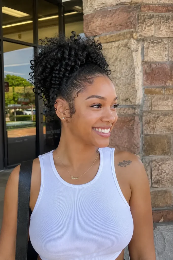young woman with a short curly quick weave ponytail hairstyle, featuring soft bouncy curls with visible texture and movement