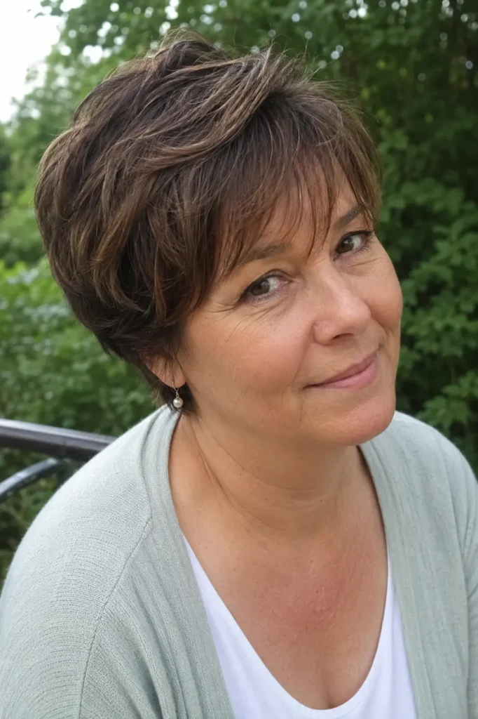 a woman around 50–60 years old with a short layered haircut and wispy fringe. Her hairstyle has soft volume and natural movement, with textured layers emphasized throughout.