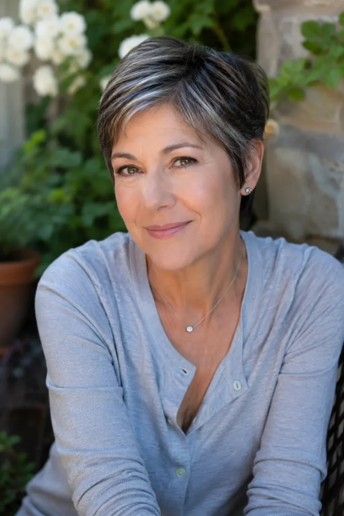 A confident woman in her mid-50s with a short brunette pixie cut woven with silver highlights smiles softly in a sunlit garden setting. She wears a light gray top and delicate jewelry, with warm natural lighting highlighting her relaxed expression