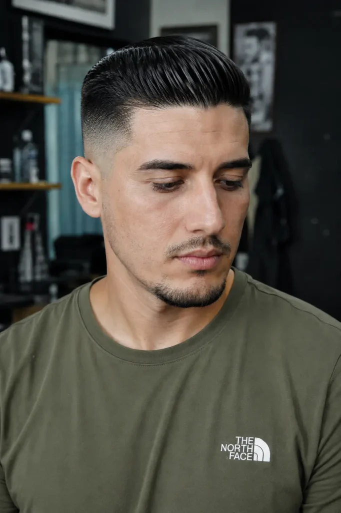 a young man with a short slicked back fade haircut, featuring sleek dark hair, clean fade details,