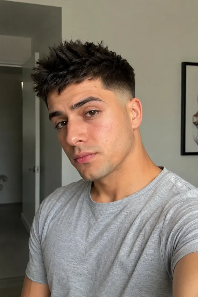 a young man in a gray shirt with a short spiky fade haircut, featuring textured spikes on top and clean fade sides,