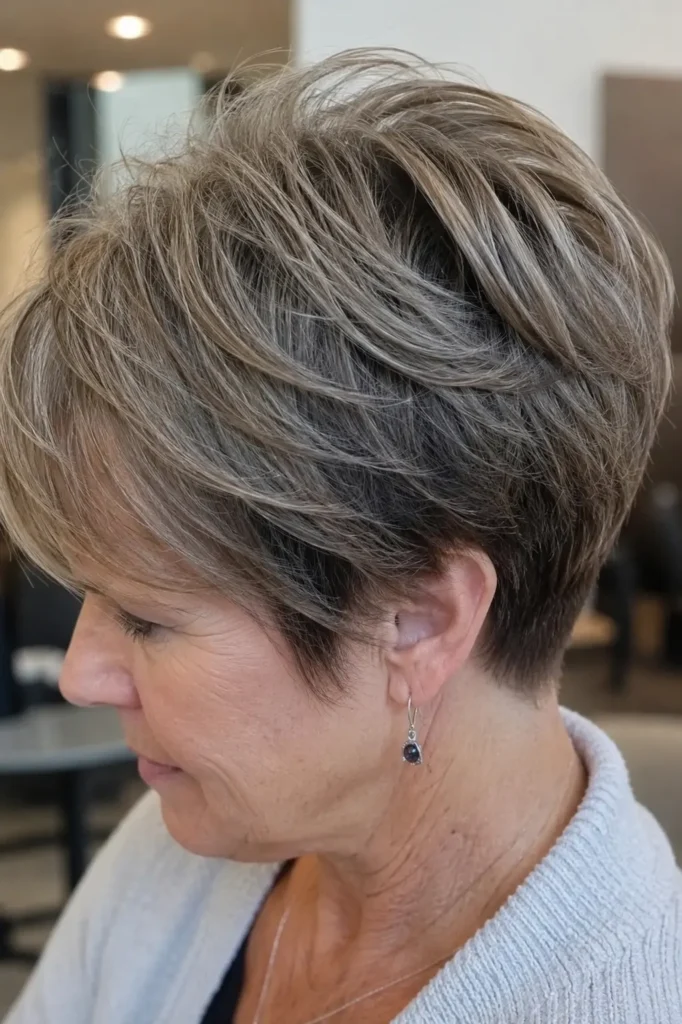 a woman around 50–60 years old with a short tapered haircut featuring soft textured layers and visible volume at the crown