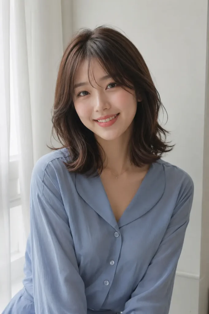 A real girl with shoulder-length dark brown hair styled with softly curled ends smiles gently in natural daylight. She wears a simple light blue blouse and sits indoors near sheer white curtains,