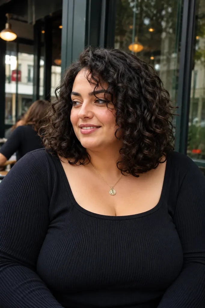 Plus-size woman with a shoulder-length curly lob hairstyle and defined natural curls, sitting at an outdoor café in soft daylight