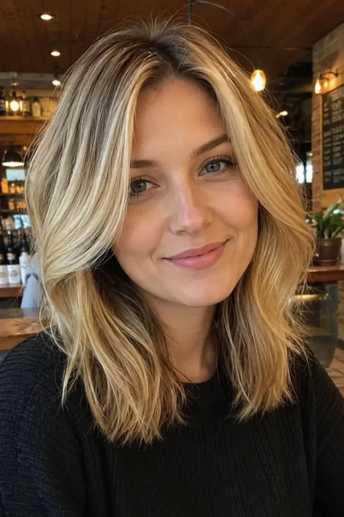 **Alt text:**
Woman with shoulder-length golden blonde layered hair styled with soft volume and movement, natural makeup, and realistic skin texture, posing in a cozy café setting with warm ambient lighting.

