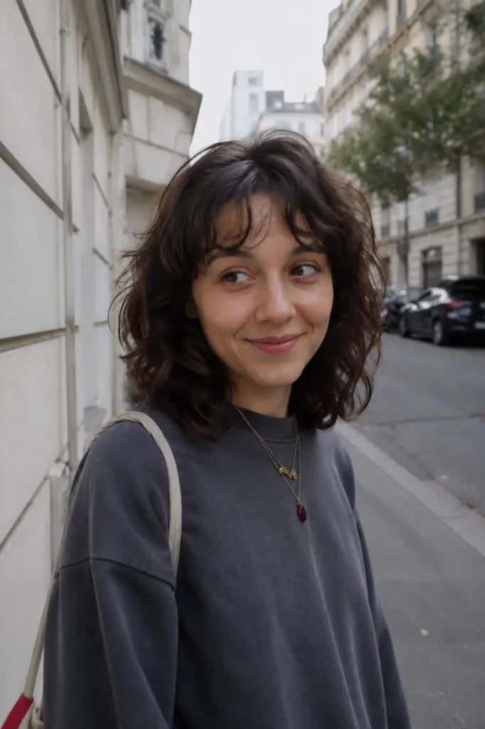 Real young woman with a shoulder-length shag haircut and natural tousled waves, standing outdoors on a quiet city street. She wears a loose dark gray sweatshirt