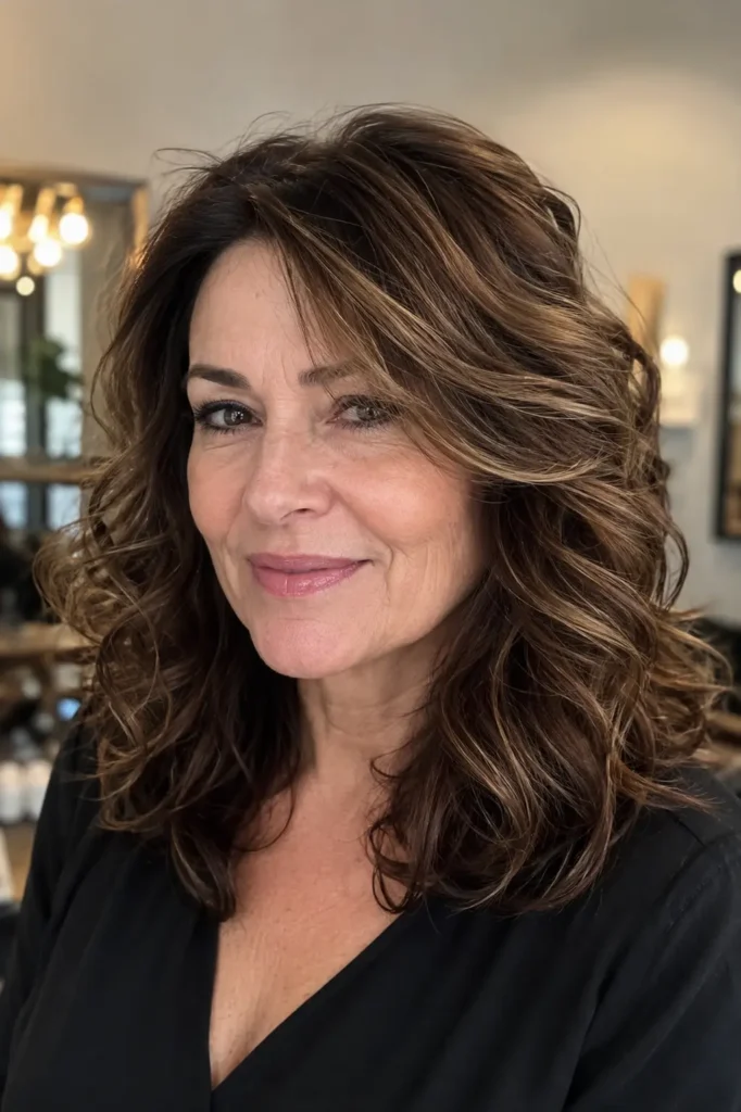 a woman around 50–60 years old with shoulder-length soft layered waves, natural facial features, authentic skin texture, and subtle everyday styling.
