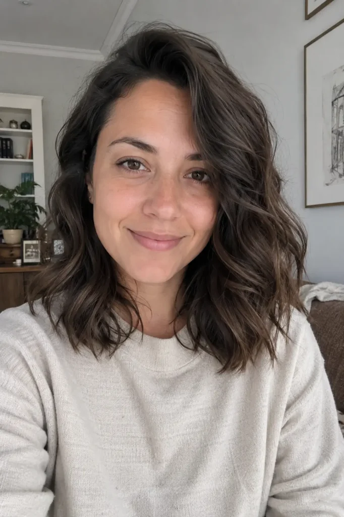 woman with shoulder-length thick wavy hair posing casually in a cozy home setting, wearing a light sweater with natural makeup