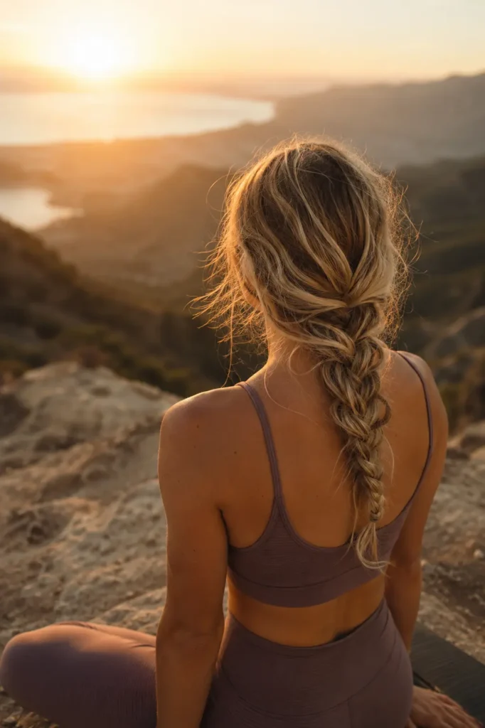 young woman with honey blonde wavy hair styled in a loose side braid, wearing a yoga outfit outdoors at sunrise,