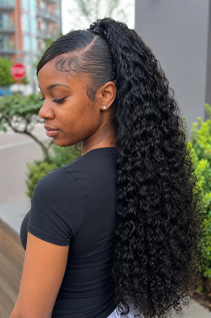 a young woman with a side-part curly quick weave ponytail hairstyle, featuring long voluminous defined curls cascading down her back