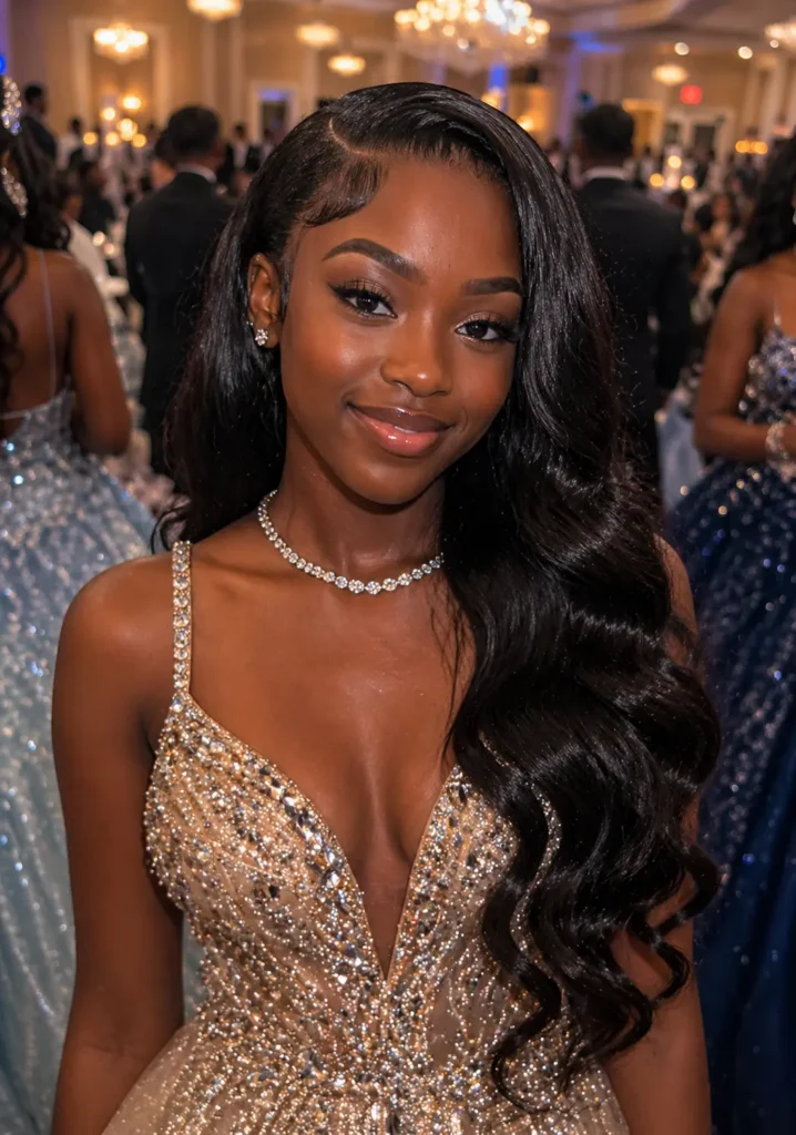 Close-up front portrait of a real Black teenage girl at prom, wearing a glamorous gold embellished gown. She has sleek side-part Hollywood waves cascading down past her chest, with smooth, glossy curls. Her makeup is soft and polished, with defined brows and a natural glow