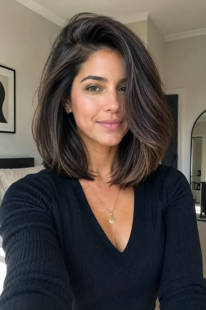 Real everyday woman with a glossy side-part layered bob hairstyle, featuring soft face-framing layers and natural volume. She wears a casual chic black top