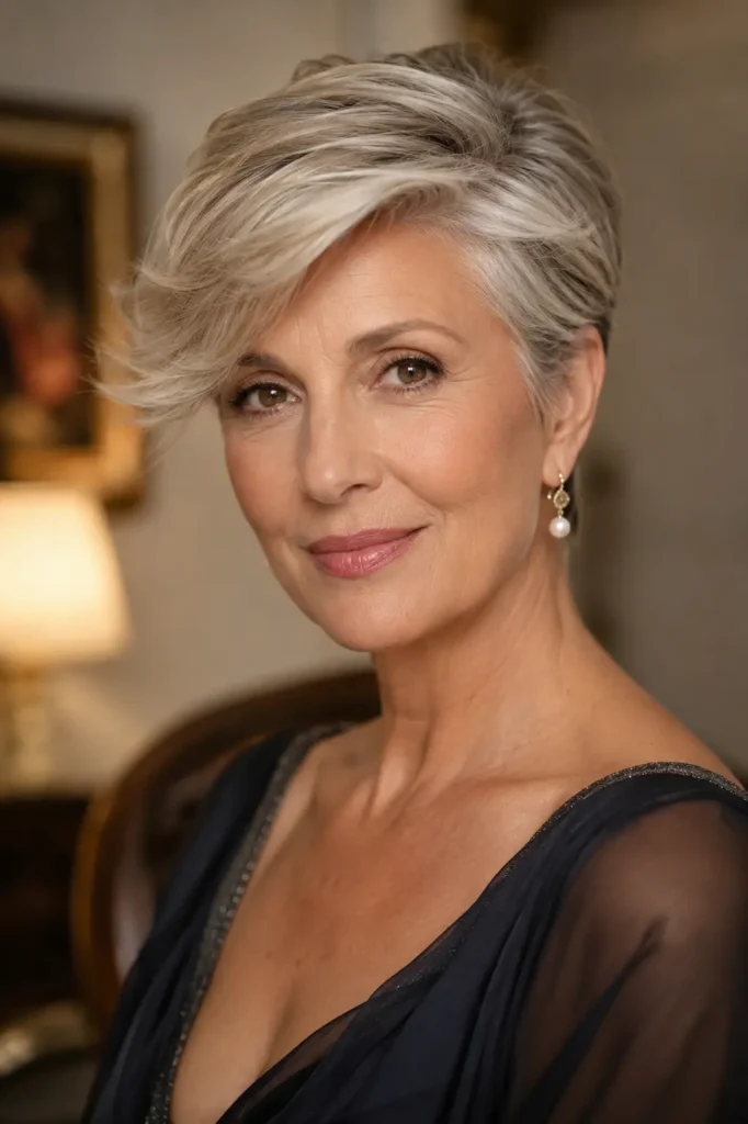 Elegant portrait of a glamorous woman in her late 50s with a deep side-part pixie cut, silver and ash blonde hair swept gracefully to one side, wearing pearl earrings and an evening gown, softly lit with warm classic Hollywood-inspired lighting and a sophisticated expression.