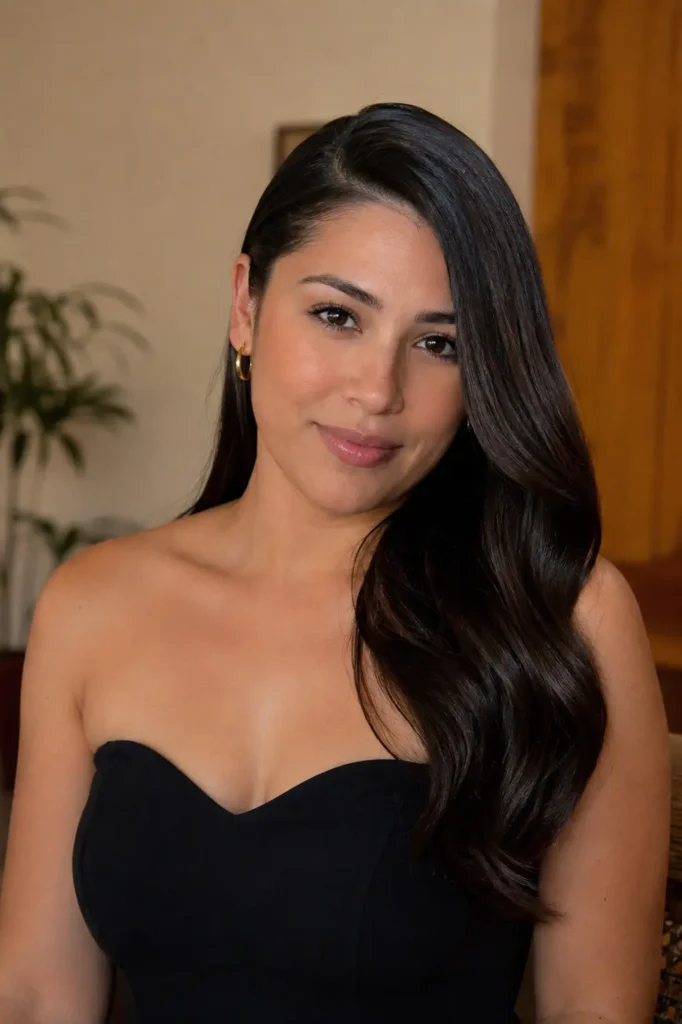 a woman in her late 20s with a side-part slicked front hairstyle and long glossy waves. She has natural facial features