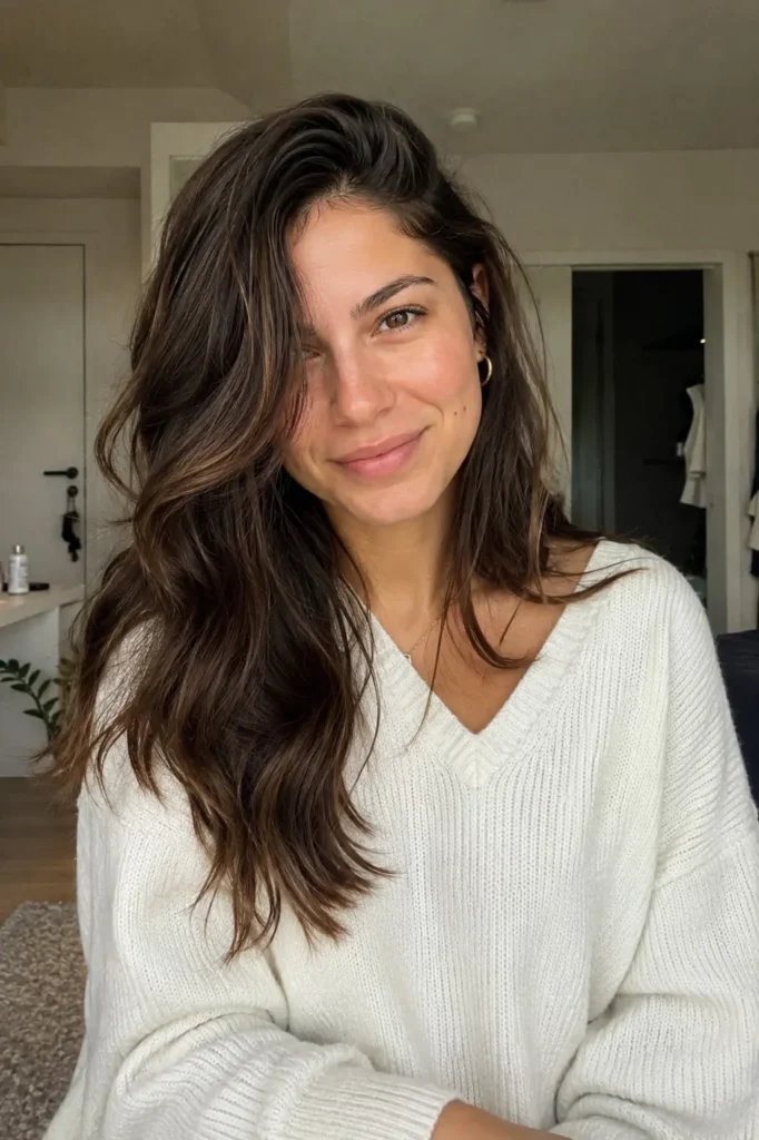 Young woman with side-parted loose thick waves smiling softly indoors, wearing a cozy white sweater in a modern room with natural lighting