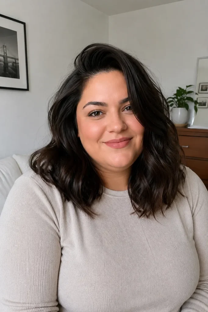 Plus-size woman with medium-length wavy hair styled in a deep side part and soft loose waves, wearing a modest long-sleeve beige top in natural indoor lighting with realistic shine and texture.