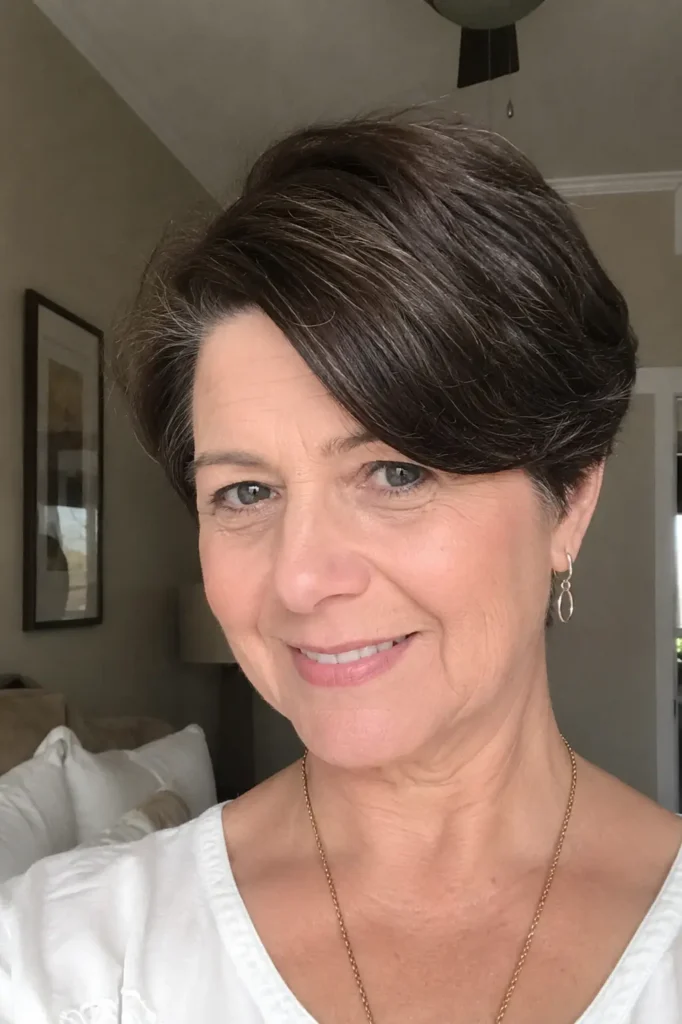 a woman around 50–60 years old with a side-parted pixie bob hairstyle, featuring natural volume around the crown.